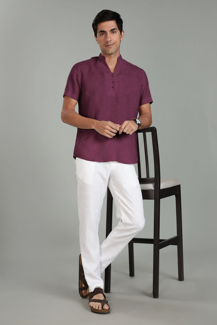 Ziv -  Pure Linen Half Sleeve Kurta - Twilight Purple