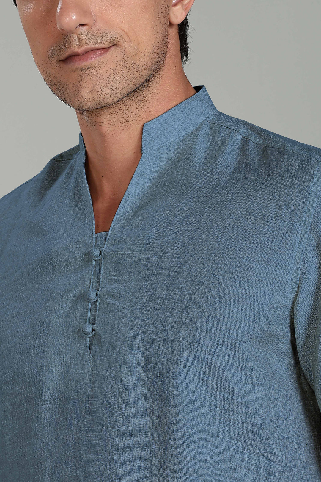 Ziv -  Pure Linen Half Sleeve Kurta - Blue Grey