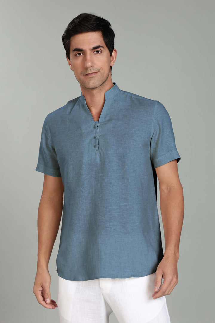 Ziv -  Pure Linen Half Sleeve Kurta - Blue Grey
