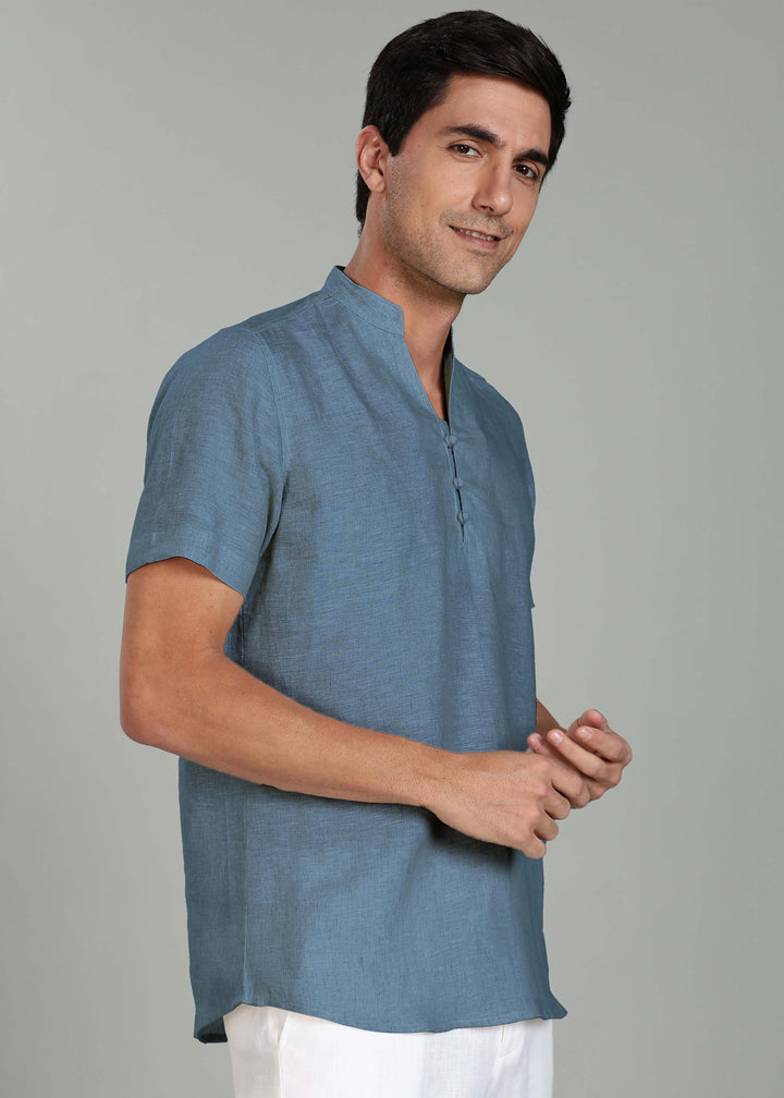 Ziv -  Pure Linen Half Sleeve Kurta - Blue Grey