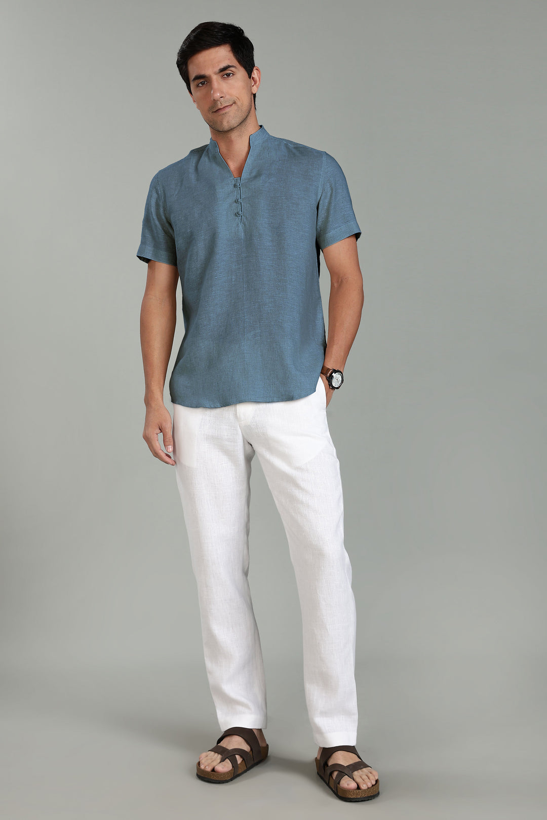 Ziv -  Pure Linen Half Sleeve Kurta - Blue Grey