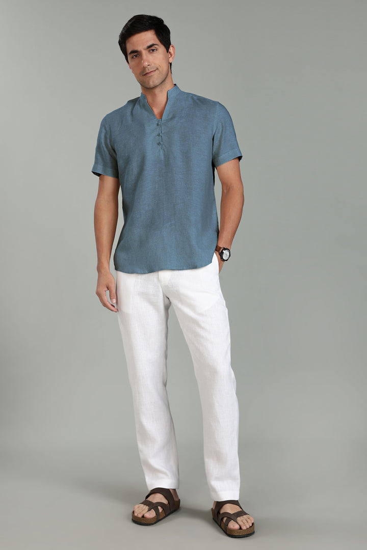 Ziv -  Pure Linen Half Sleeve Kurta - Blue Grey