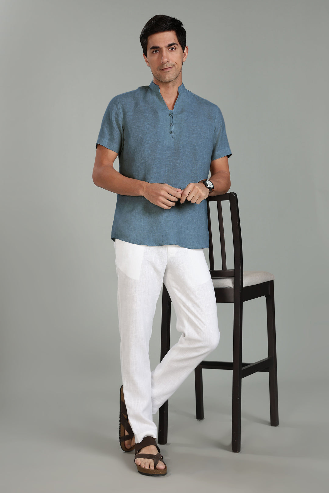 Ziv -  Pure Linen Half Sleeve Kurta - Blue Grey