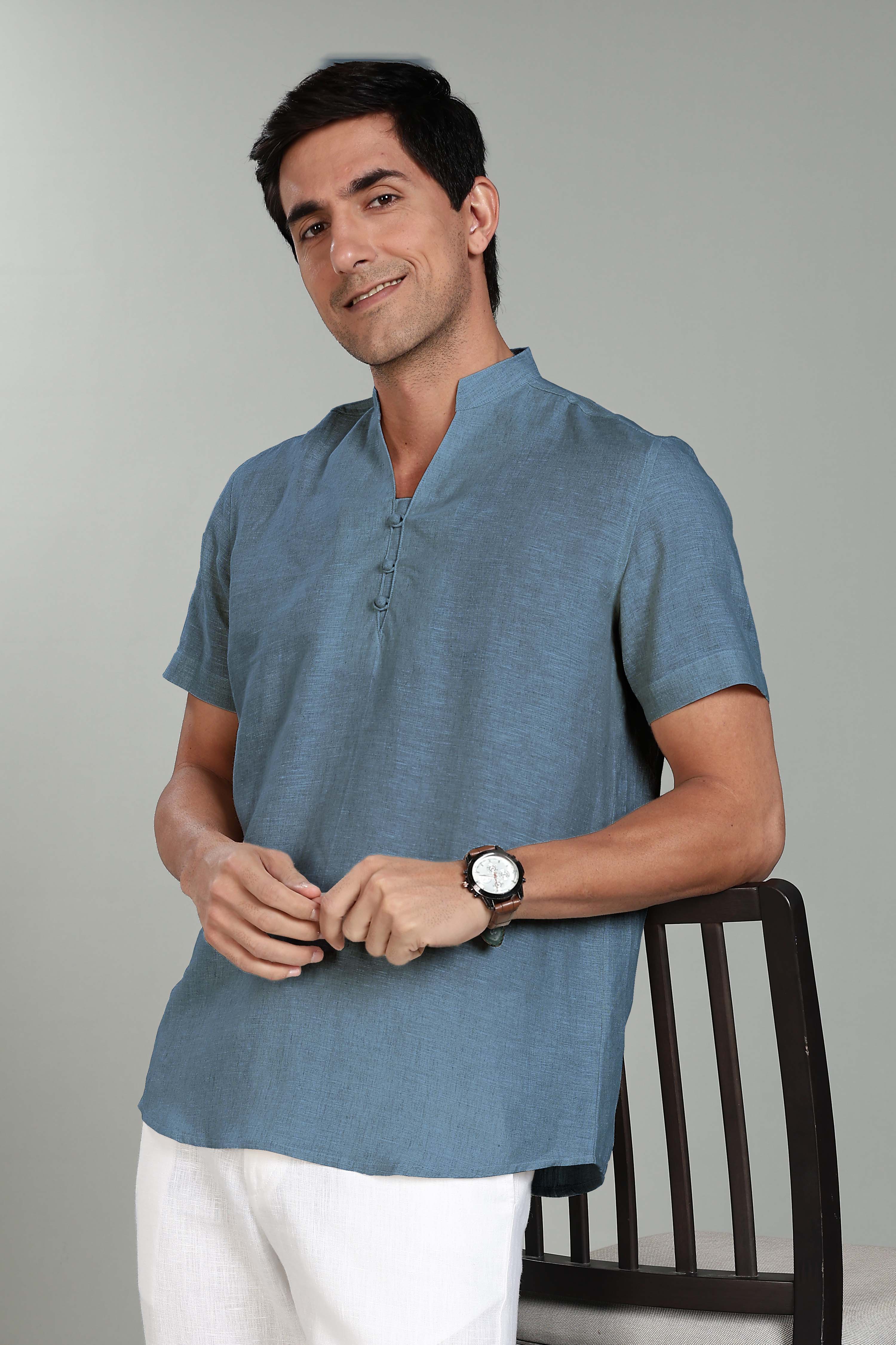 Ziv - Pure Linen Half Sleeve Kurta - Blue Grey – Linen Trail