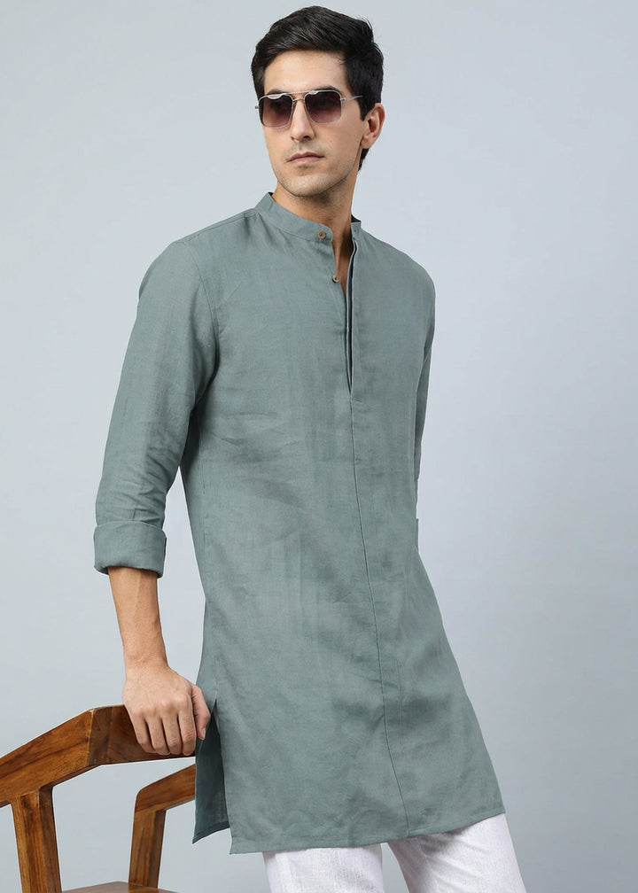 Sid Kurta - Pure Linen Kurta with Concealed Placket - Mineral Grey