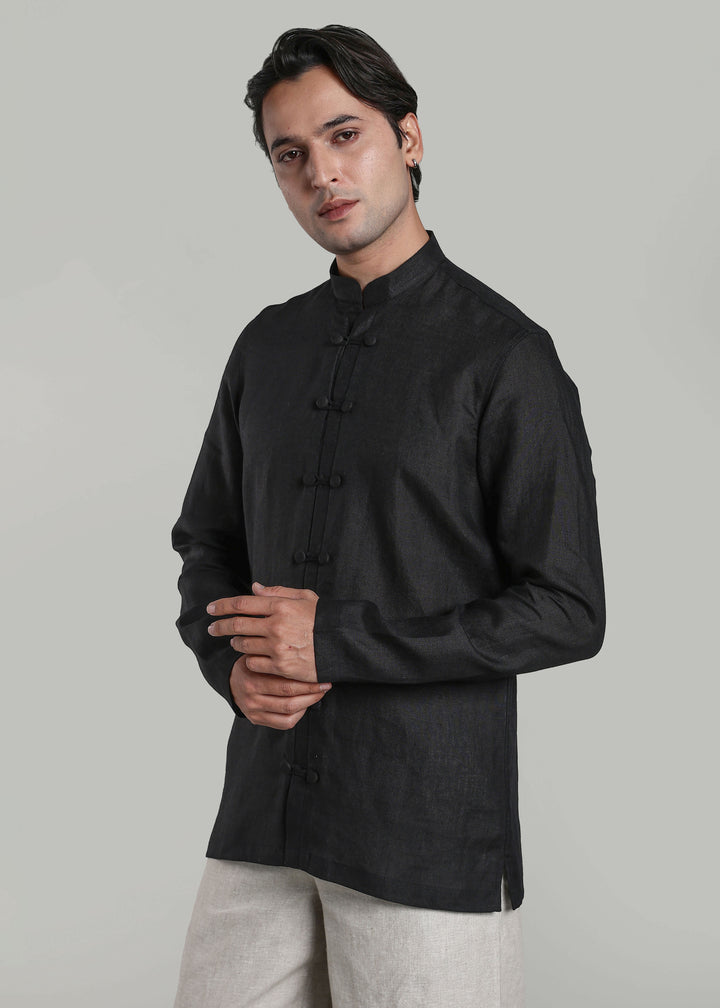 Advik - Pure Linen Short Kurta with Double Button and Loop Closure - Black
