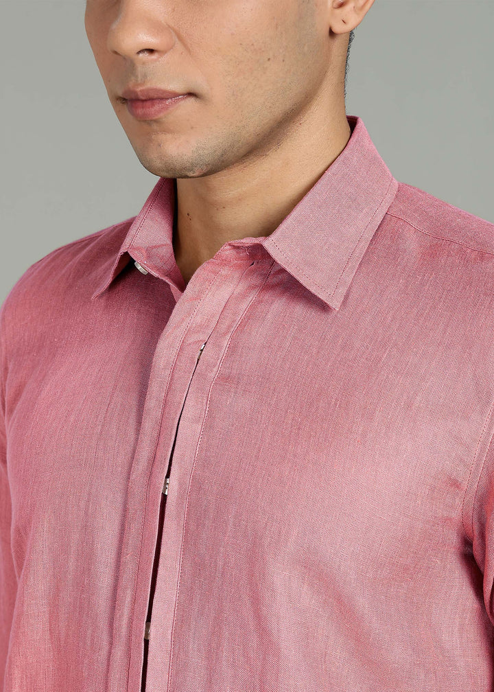 Atlas - Pure Linen Full-Sleeve Shirt with Concealed Buttons - Dusty Pink