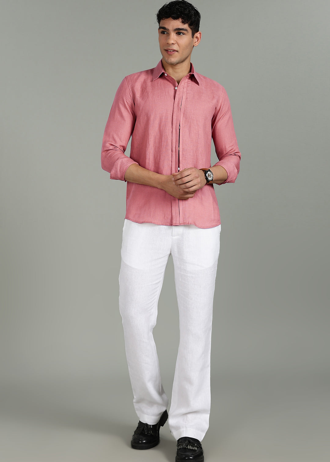 Atlas - Pure Linen Full-Sleeve Shirt with Concealed Buttons - Dusty Pink