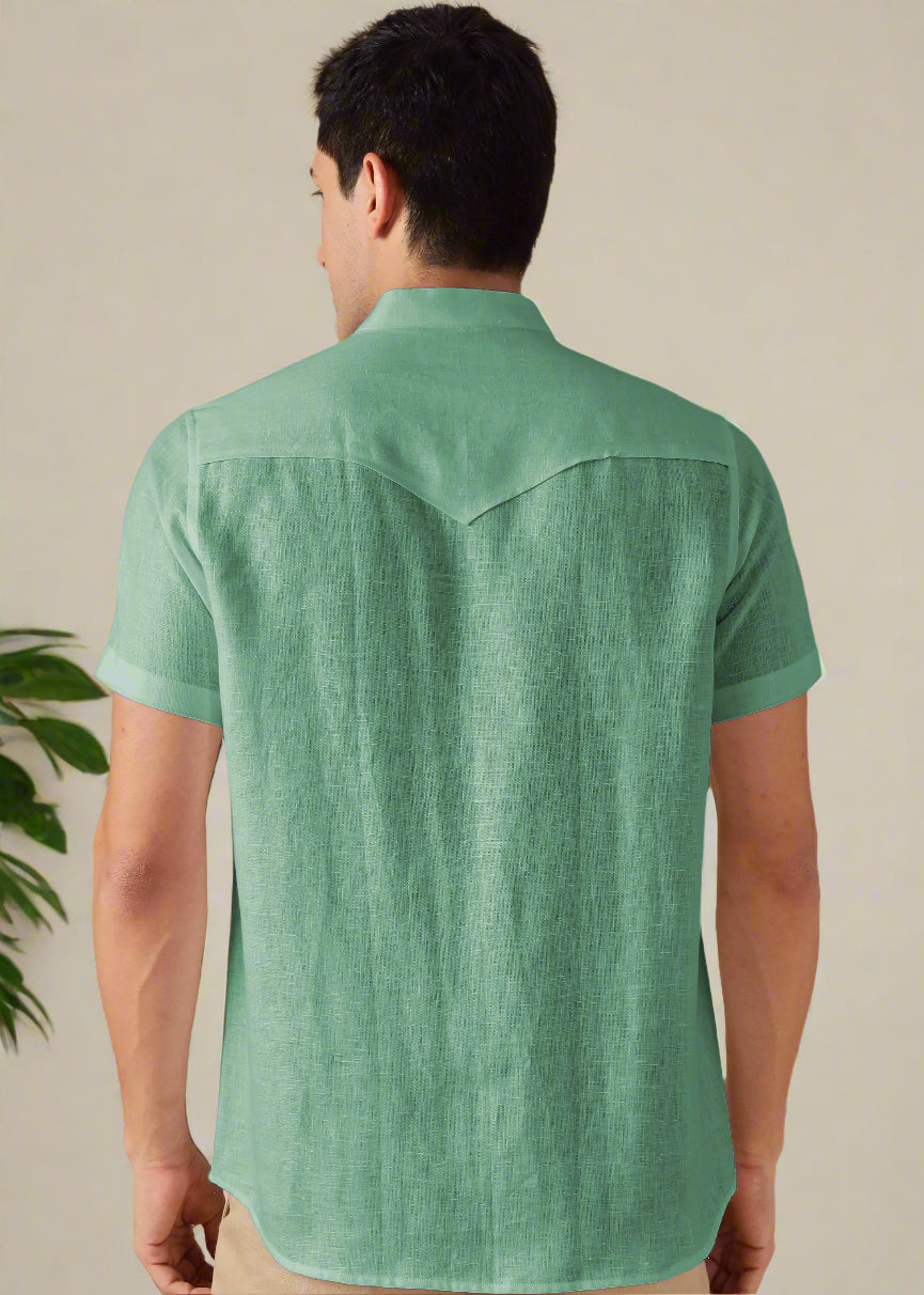 Omega - Pure Linen Short Sleeve Shirt with Band Collar - Spring Green
