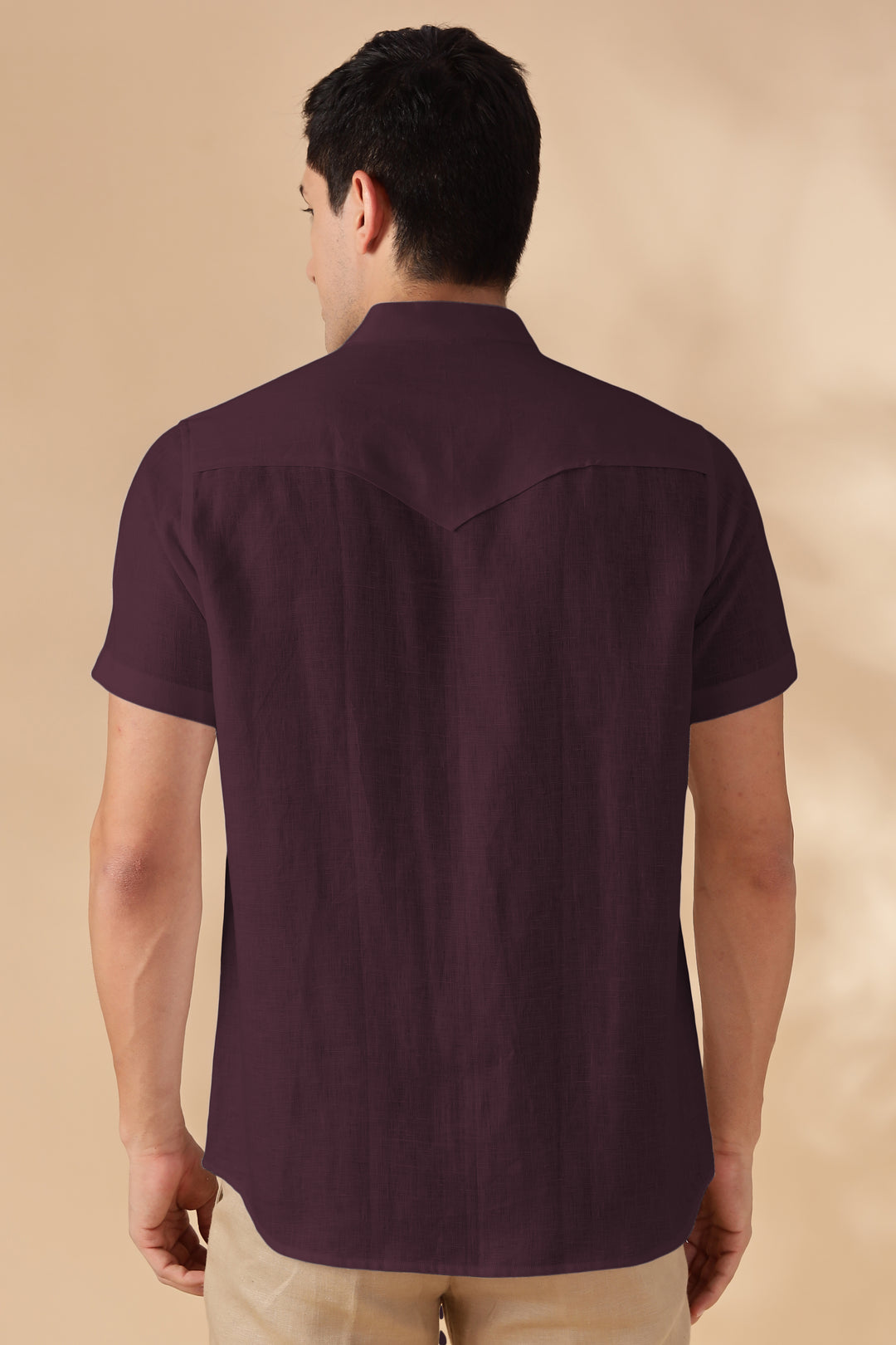 Omega - Pure Linen Short Sleeve Shirt with Band Collar - Dark Purple