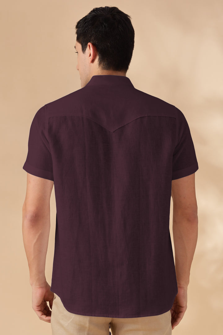 Omega - Pure Linen Short Sleeve Shirt with Band Collar - Dark Purple