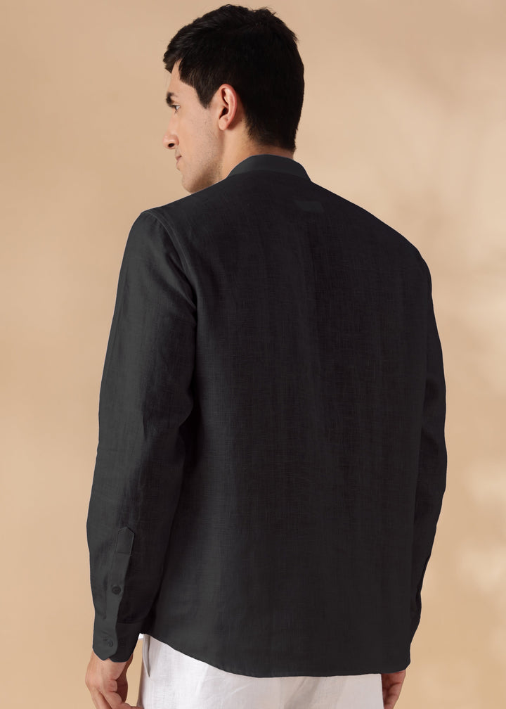 Marsh - Full Sleeve Pure Linen Short Kurta with Space Pleates -Black
