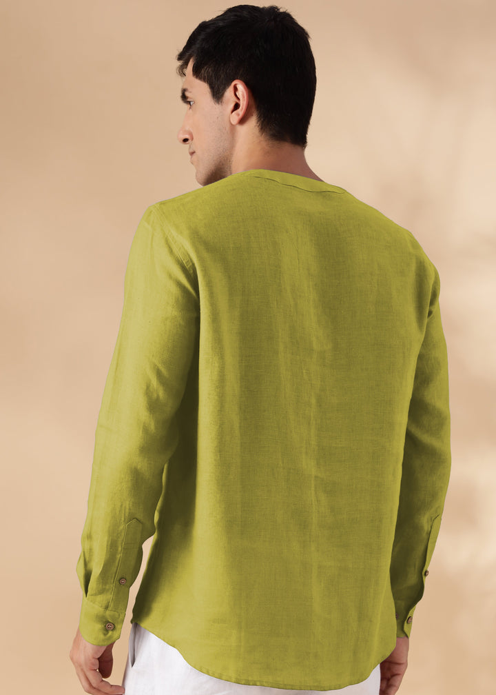 Zuri - Full Sleeve Pure Linen Short Kurta - Sap Green