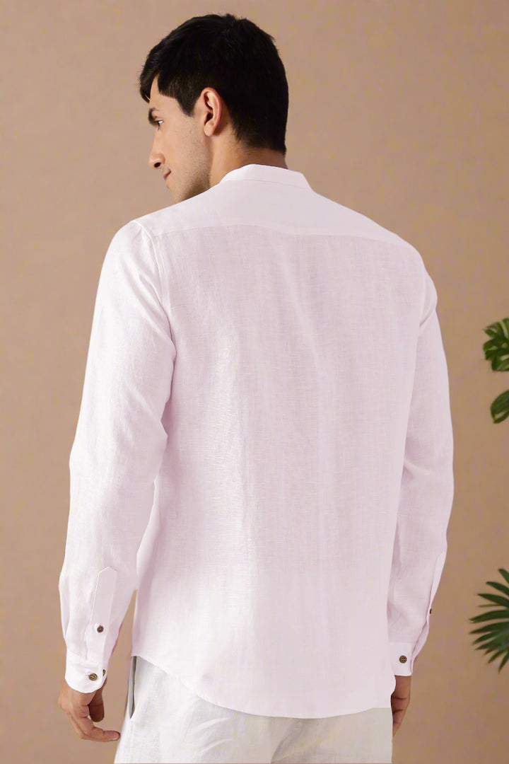 Drae Korean Shirt - Pure Linen Full Sleeve Shirt with Band Collar - Light Pink