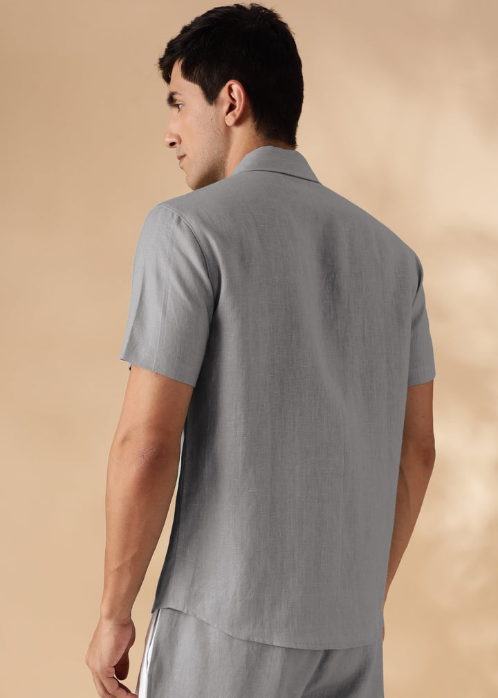 Dune - Cuban Collar Pure Linen Half Sleeve Shirt - Steel Grey