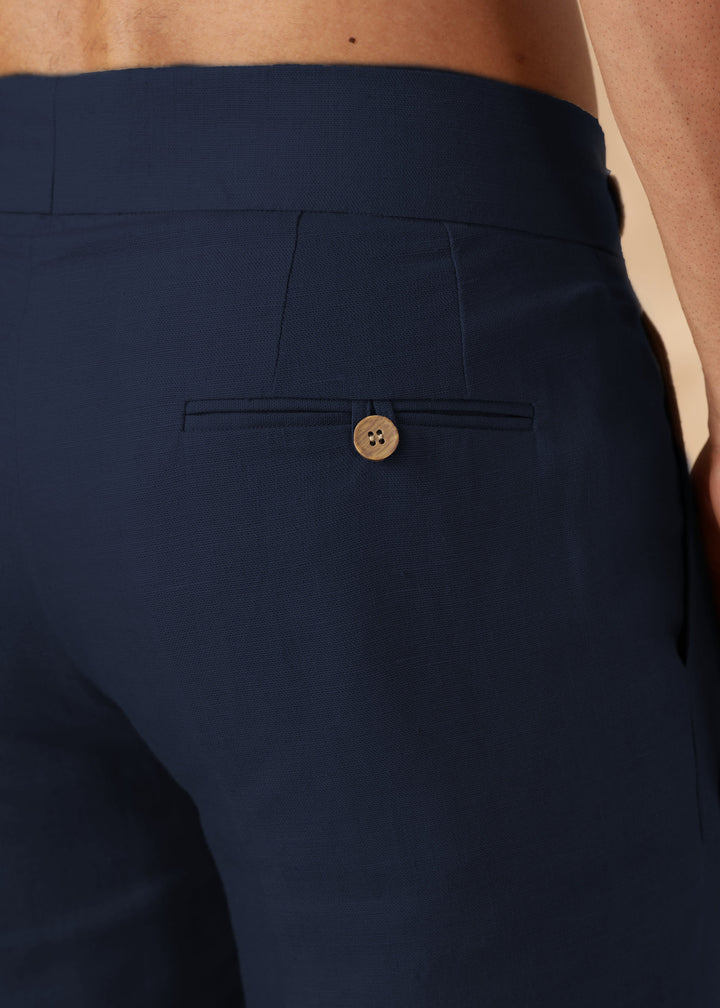Foster - Pure Linen Trousers with Stylised Waistband - Navy Blue