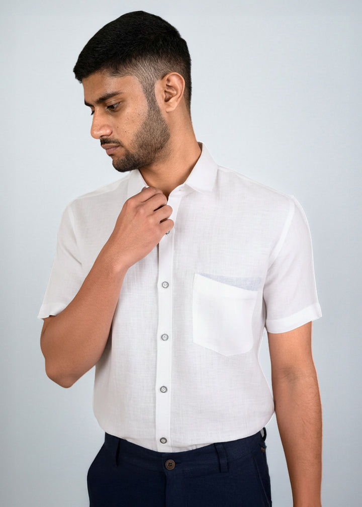 Bentley - Pure Linen Pocket Detailed Half Sleeve Shirt - White
