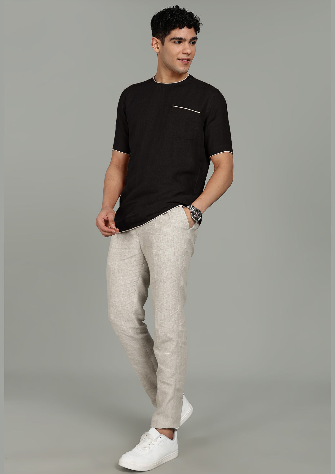 Bryn - Pure Linen Piping Detail T-Shirt with Pocket - Black