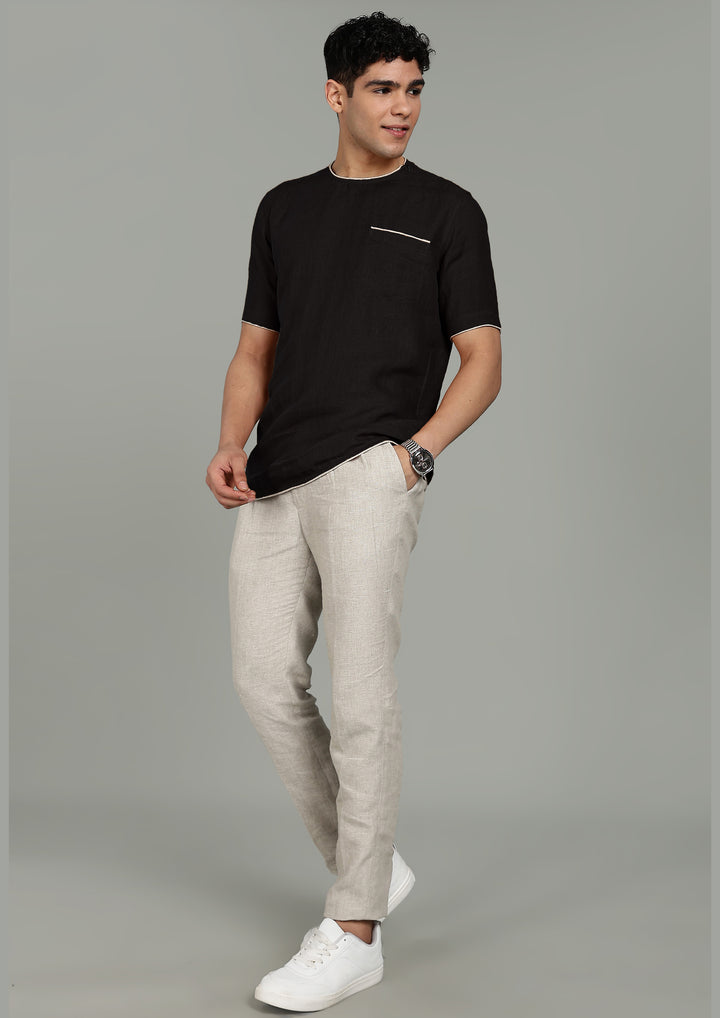 Bryn - Pure Linen Piping Detail T-Shirt with Pocket - Black