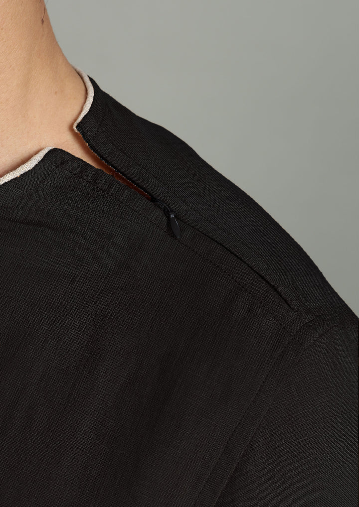 Bryn - Pure Linen Piping Detail T-Shirt with Pocket - Black