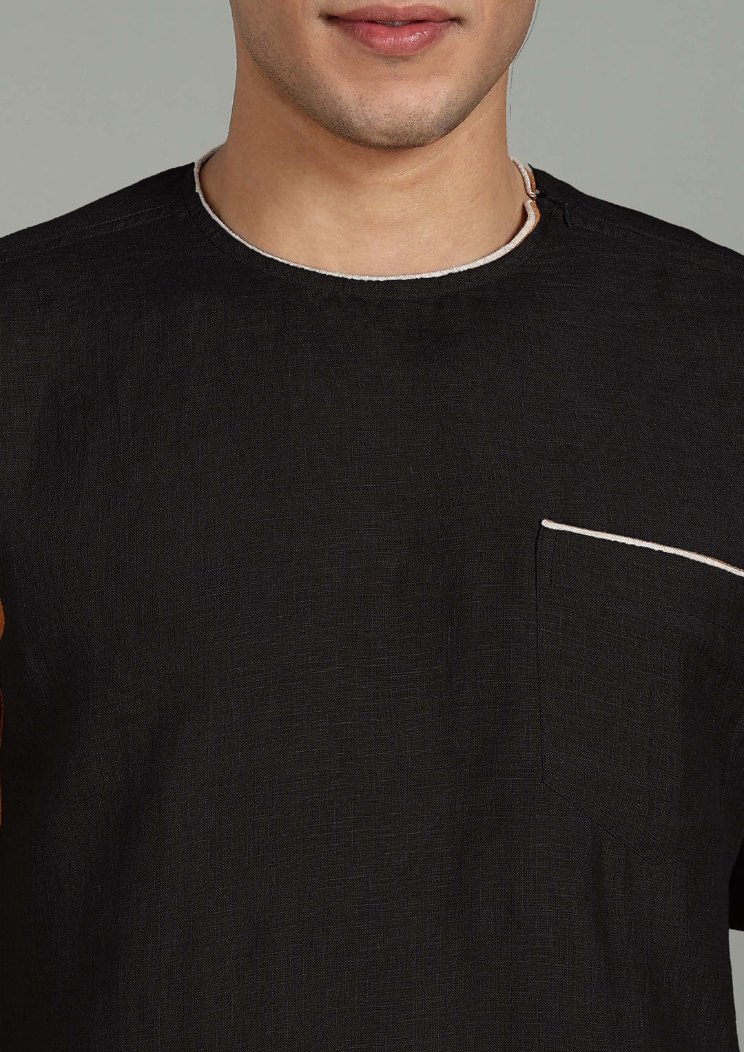 Bryn - Pure Linen Piping Detail T-Shirt with Pocket - Black