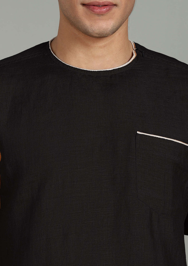 Bryn - Pure Linen Piping Detail T-Shirt with Pocket - Black
