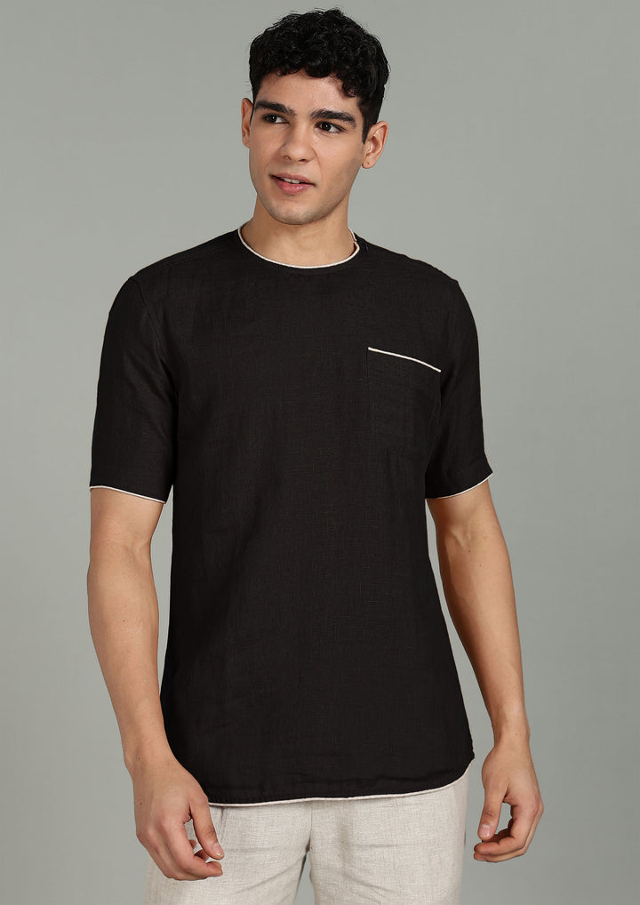 Bryn - Pure Linen Piping Detail T-Shirt with Pocket - Black