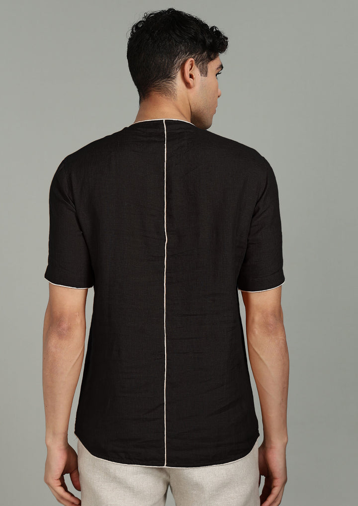 Bryn - Pure Linen Piping Detail T-Shirt with Pocket - Black