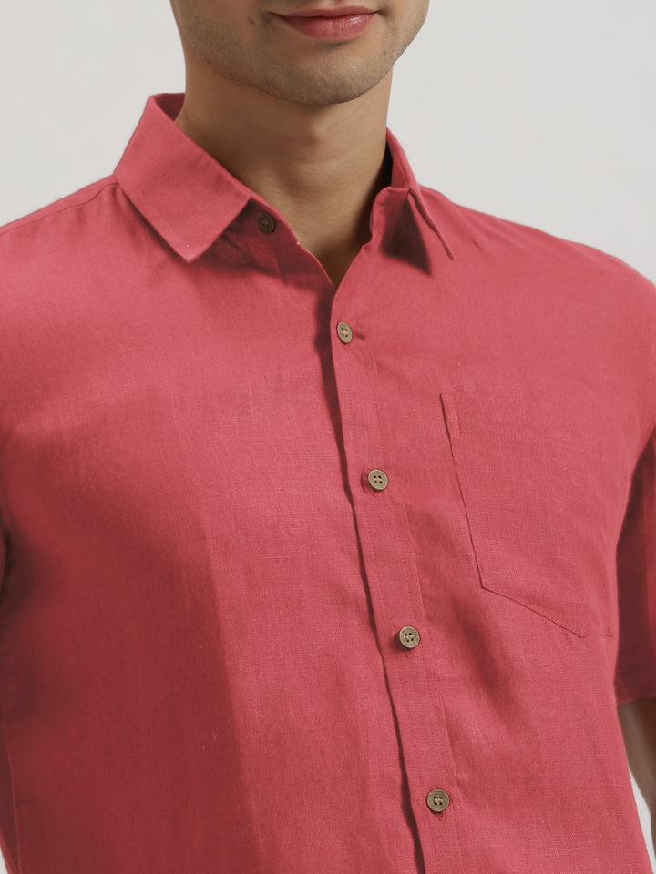 Harvey - Pure Linen Half Sleeve Shirt - Coral Peach