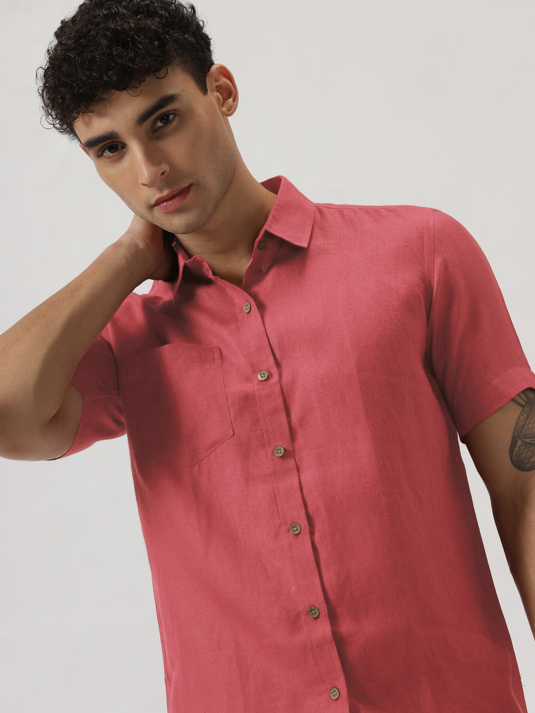 Harvey - Pure Linen Half Sleeve Shirt - Coral Peach