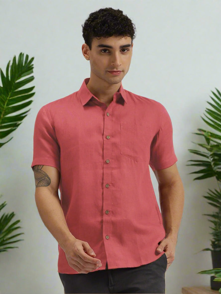 Harvey - Pure Linen Half Sleeve Shirt - Coral Peach