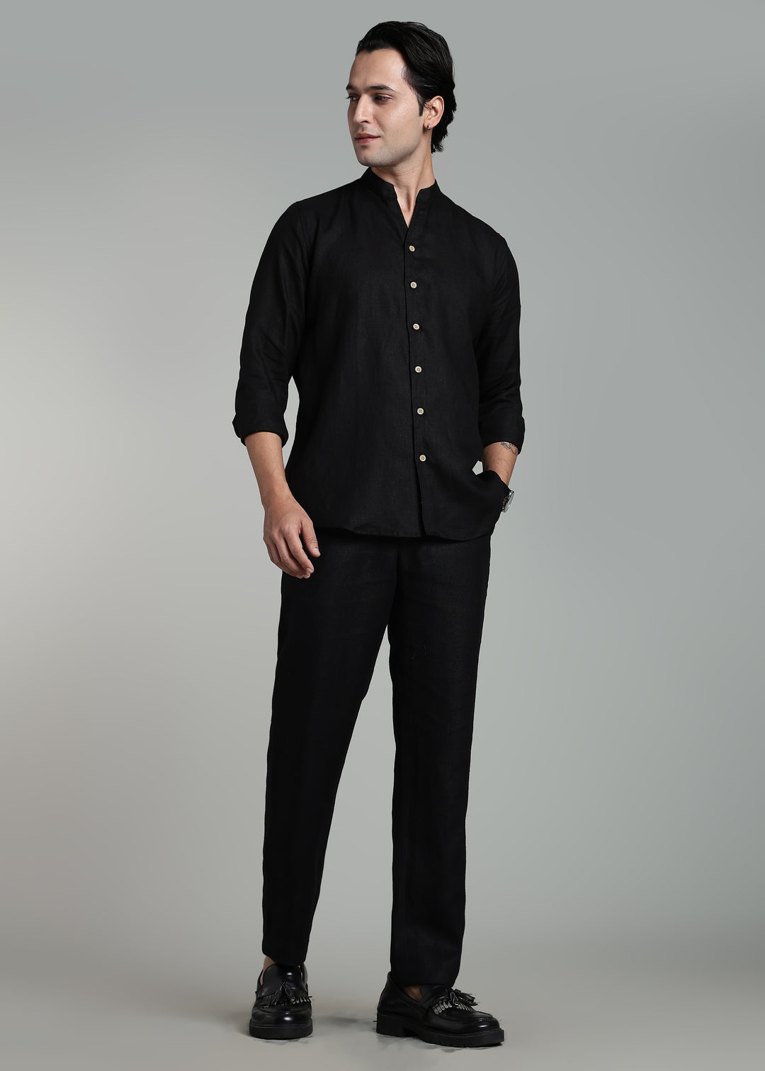 Craig - Pure Linen V Neck Full Sleeve Shirt - Black