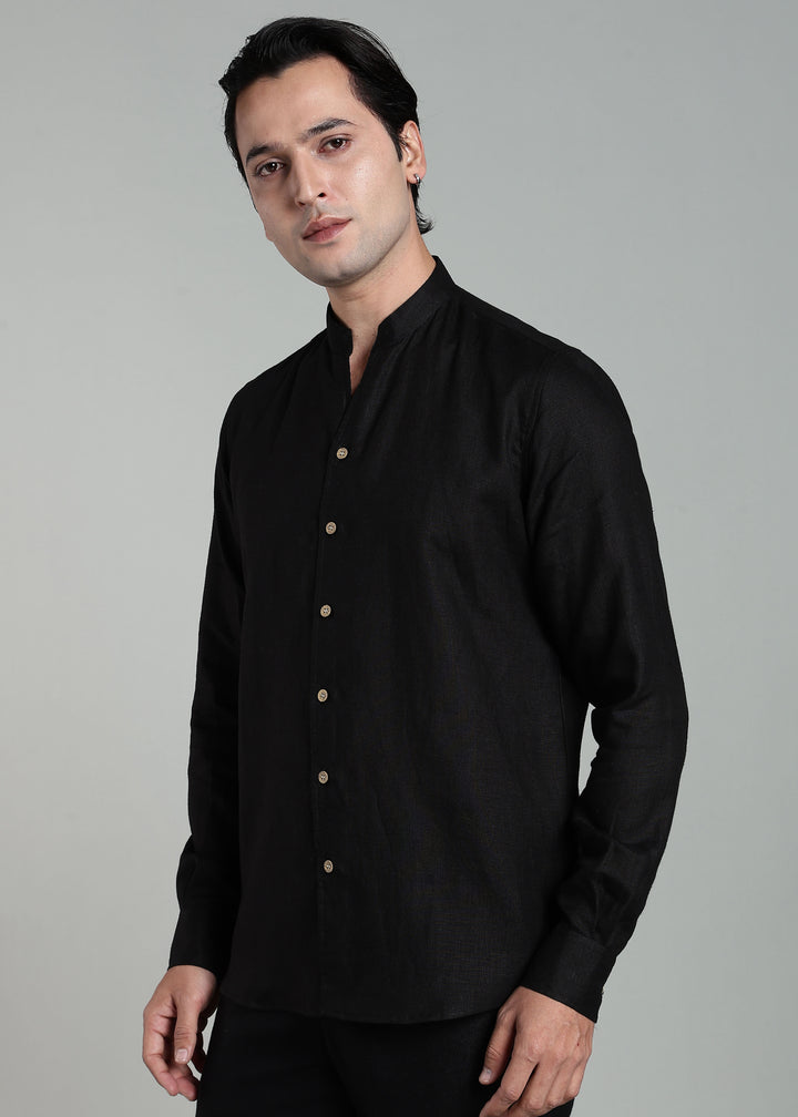 Craig - Pure Linen V Neck Full Sleeve Shirt - Black