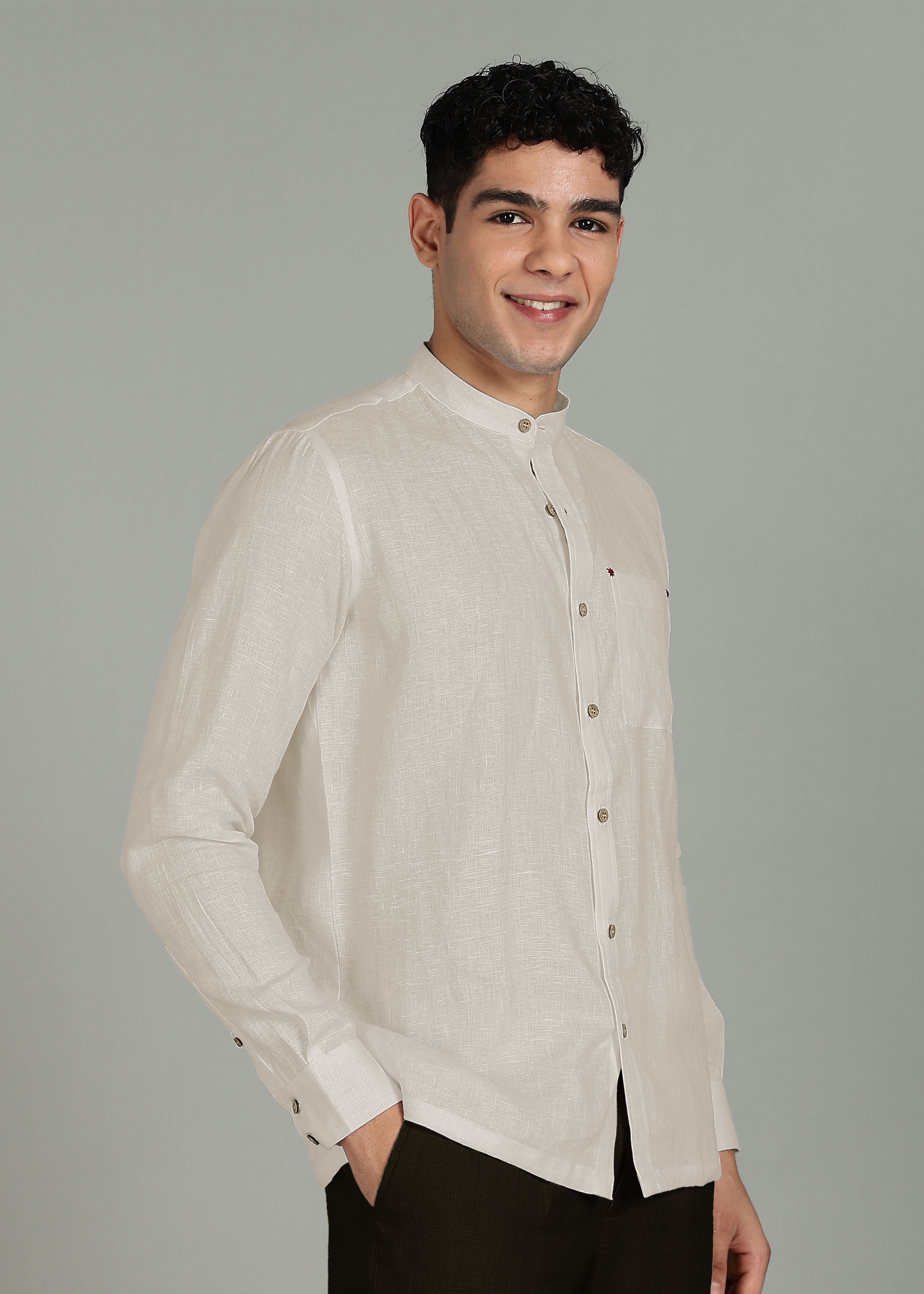 Ecru Pure Linen Full-Sleeve Shirt with Concealed Buttons – Linen Trail