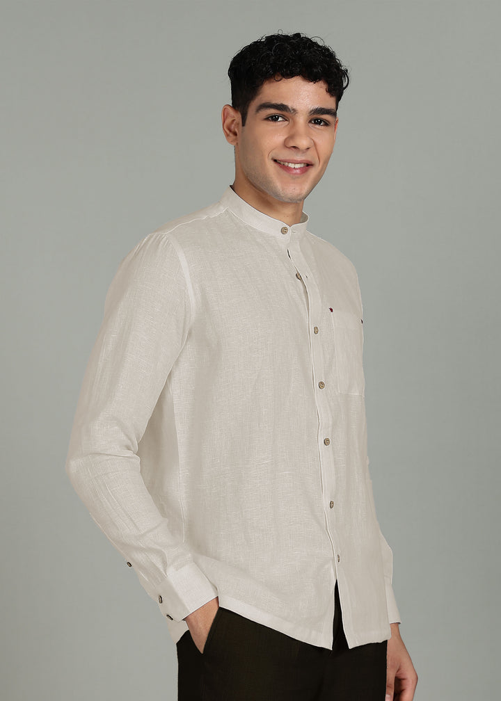 Dean - Pure Linen Classic Shirt with Embroidered Pocket - Ecru