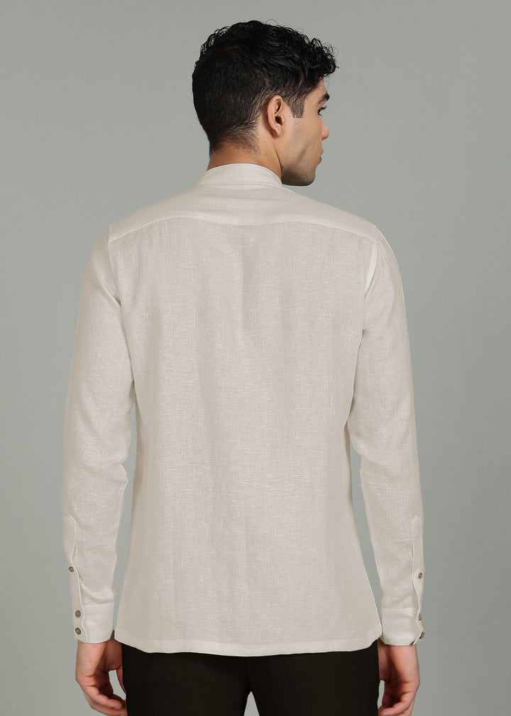 Dean - Pure Linen Classic Shirt with Embroidered Pocket - Ecru