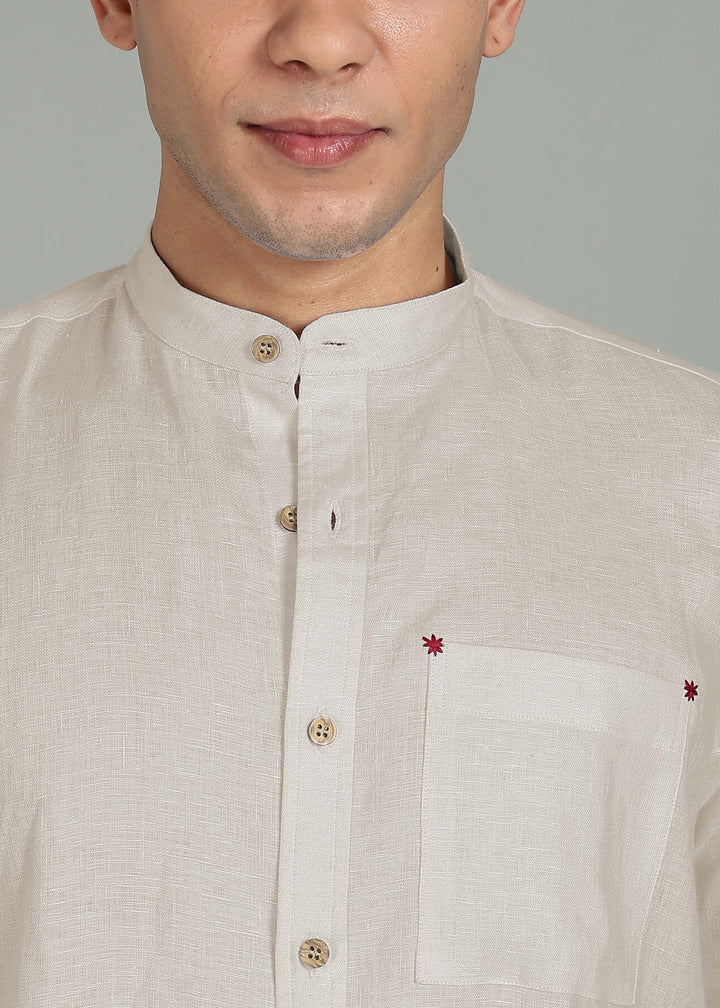 Dean - Pure Linen Classic Shirt with Embroidered Pocket - Ecru