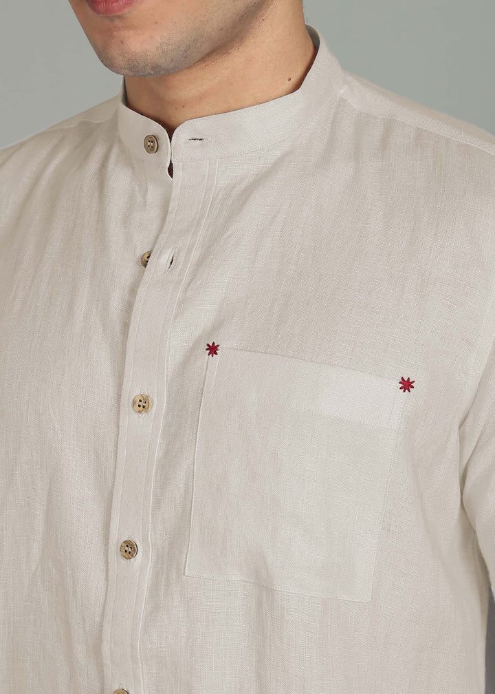 Dean - Pure Linen Classic Shirt with Embroidered Pocket - Ecru