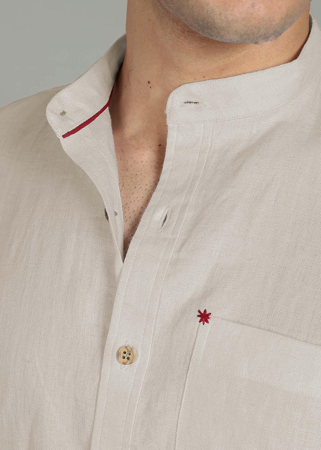 Dean - Pure Linen Classic Shirt with Embroidered Pocket - Ecru