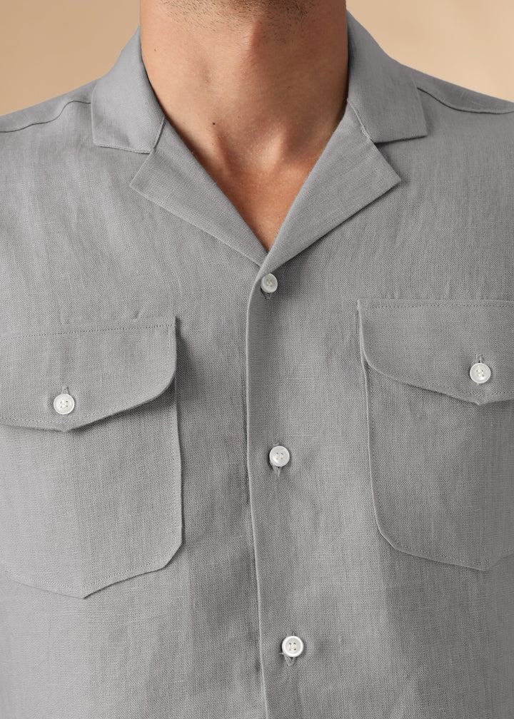 Dune - Cuban Collar Pure Linen Half Sleeve Shirt - Steel Grey