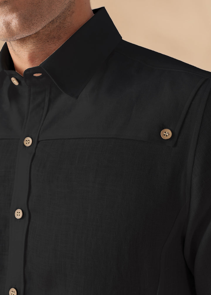 Bronco - Pure Linen Full Sleeve Shirt with Detachable Front Yoke - Black