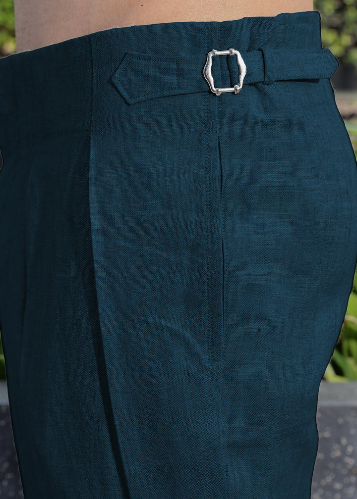 Dollar - Pure Linen Pleated Trousers with Adjustable Waistband – Deep Sea Blue