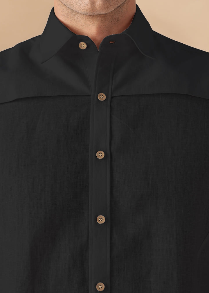 Bronco - Pure Linen Full Sleeve Shirt with Detachable Front Yoke - Black