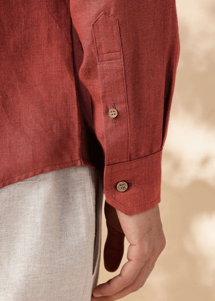 Rustler - Pure Linen Full Sleeve Shirt with Band Collar - Terracotta Red