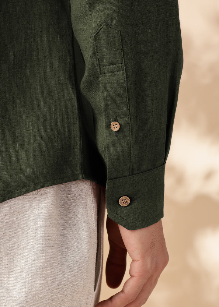 Rustler - Pure Linen Full Sleeve Shirt with Band Collar - Moss Green