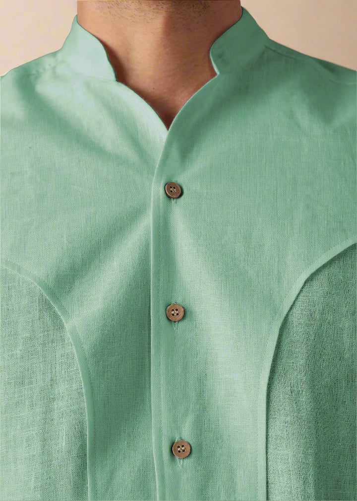 Omega - Pure Linen Short Sleeve Shirt with Band Collar - Spring Green