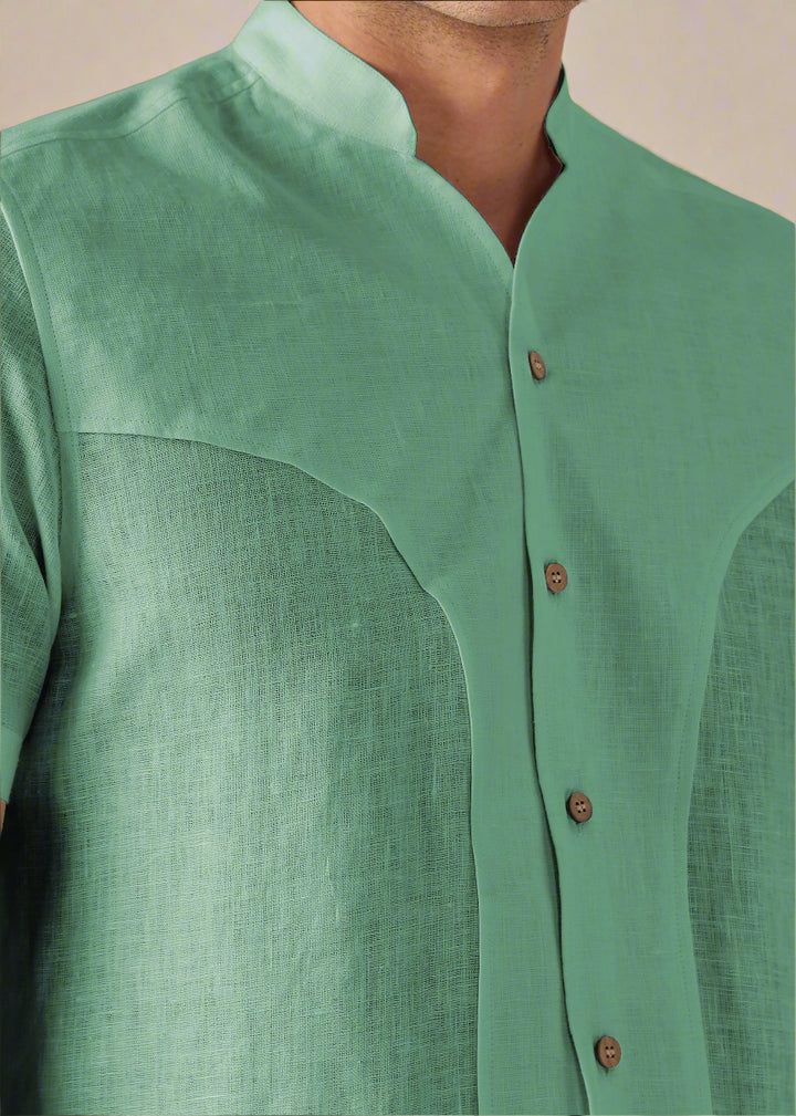 Omega - Pure Linen Short Sleeve Shirt with Band Collar - Spring Green