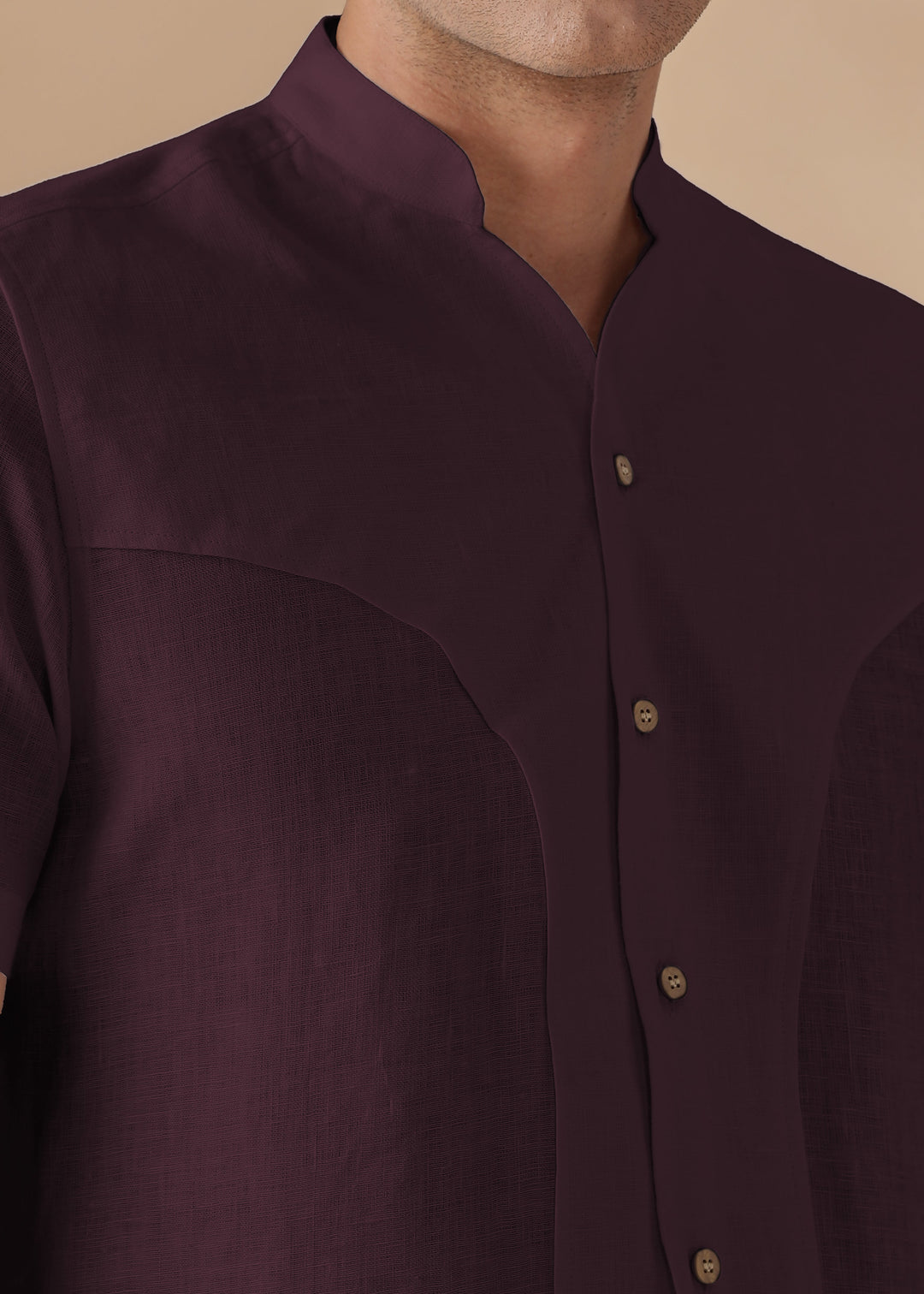Omega - Pure Linen Short Sleeve Shirt with Band Collar - Dark Purple