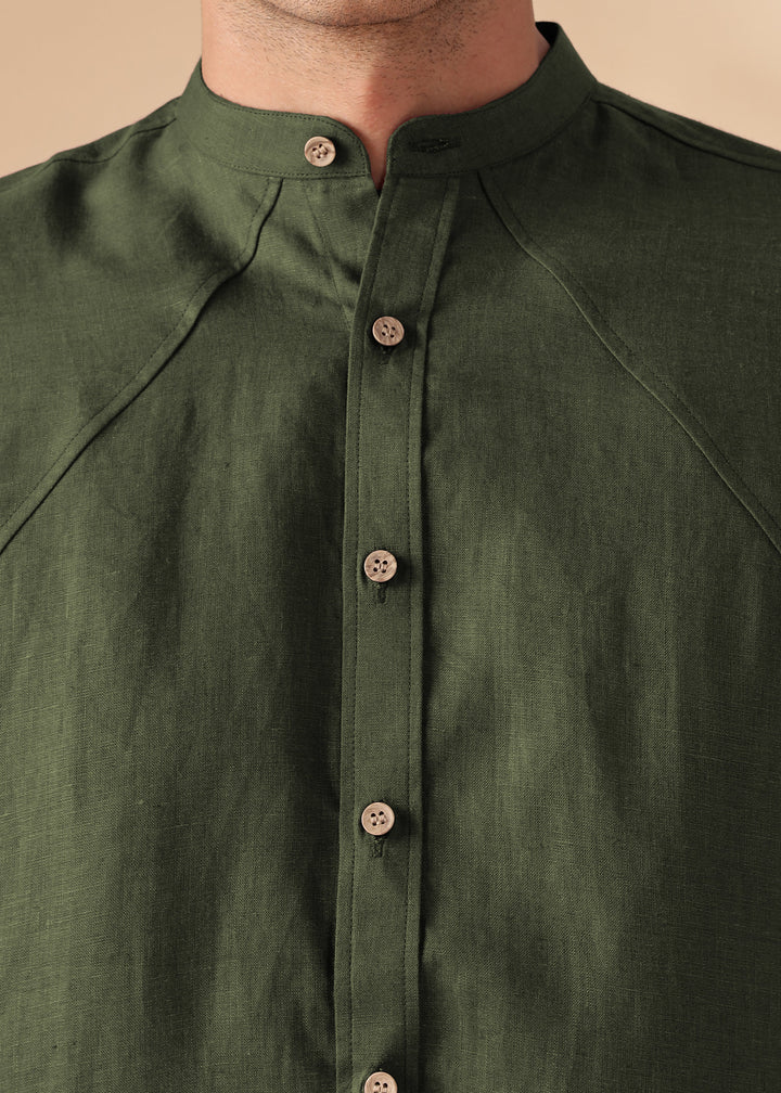 Rustler - Pure Linen Full Sleeve Shirt with Band Collar - Moss Green