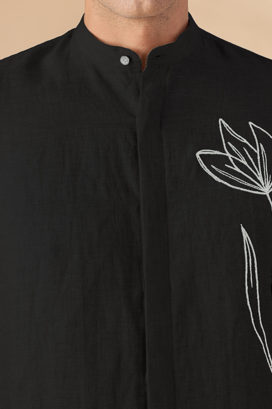 Amari - Pure Linen Short Sleeve Shirt with Floral Embroidery - Black